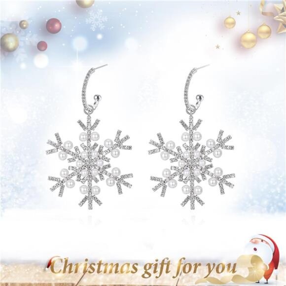 Pearl Snowflake Diamond Stud Silver Dainty Luxury Winter Christmas Mini Earrings - Picture 4 of 8